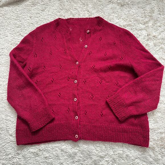 Gorgeous Handmade Knit Berry Red Wool Cardigan Pointelle Fits like Medium - Picture 8 of 10